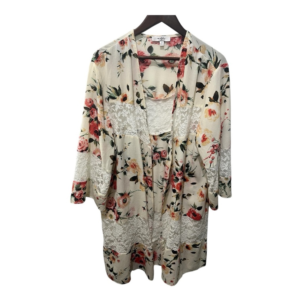 MOA MOA CREAM FLORAL ROSES WHITE LACE OPEN FRONT CARDIGAN SIZE 2X